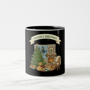 Vintage Cosy Christmas Fireplace Scene with Dog Two-Tone Coffee Mug