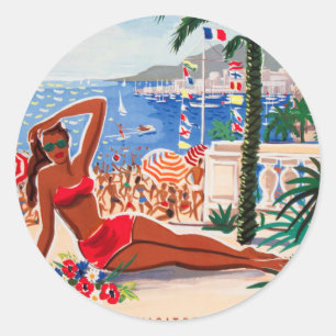 Vintage Cote D'Azur Beach Girl Classic Round Sticker