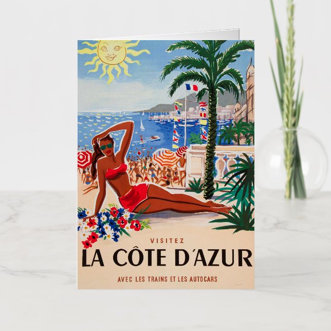 Vintage Cote D'Azur Beach Girl Foil Greeting Card (Front)