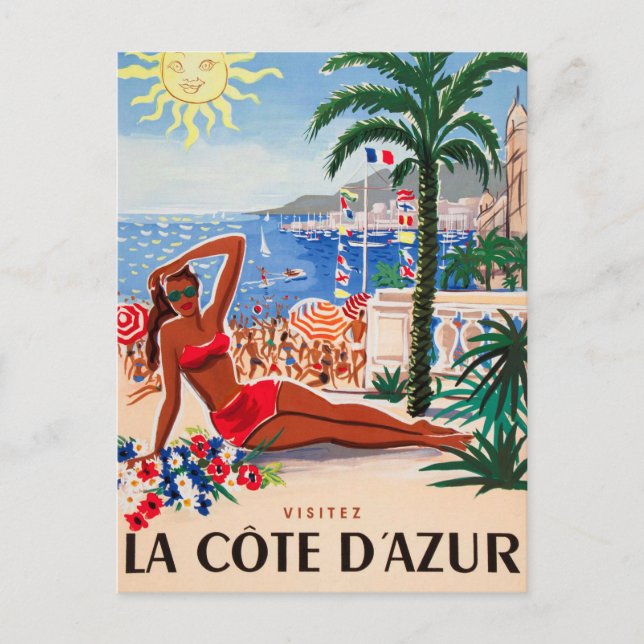 Vintage Cote D'Azur Beach Girl Postcard (Front)