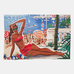 Vintage Cote D'Azur Beach Girl Tea Towel