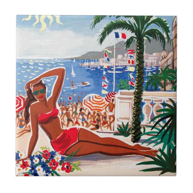 Vintage Cote D'Azur Beach Girl Tile (Front)