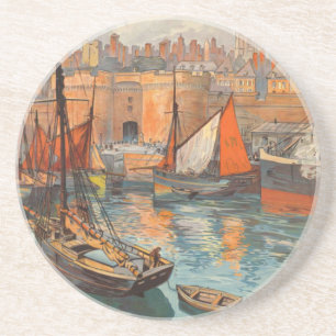 Vintage Cote d'Emeraude Saint Malo Port Tourism Coaster