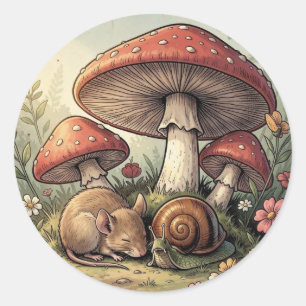 Vintage Cottage Core Mushrooms and Wildlife Classic Round Sticker