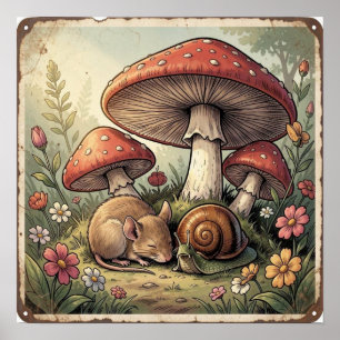 Vintage Cottage Core Mushrooms and Wildlife Poster