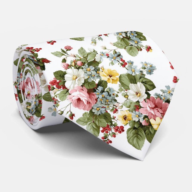 Vintage Cottage Floral Bouquet Pattern Tie (Rolled)