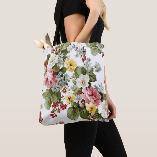 Vintage Cottage Floral Bouquet Pattern Tote Bag (Close Up)
