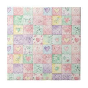Vintage Cottage Floral Patchwork Gingham Pastel Tile