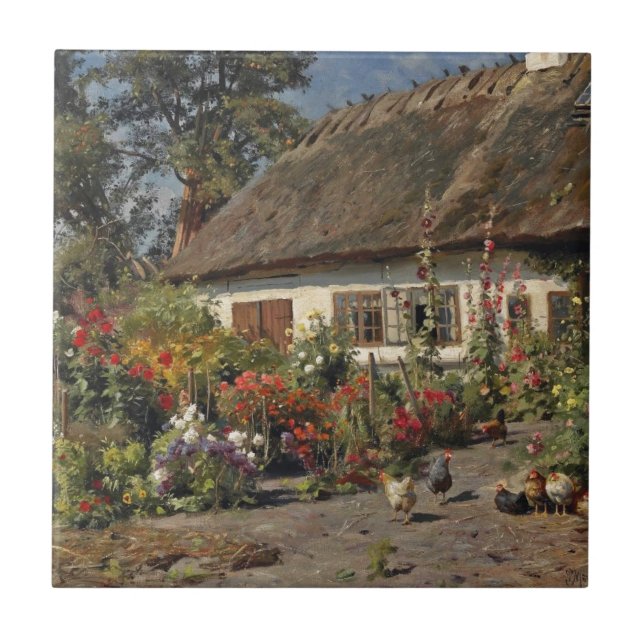 Vintage Cottage Garden with Flowers and Chickens Tile (Front)