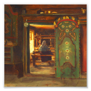 Vintage Cottage Interior Woman Weaving on Loom Photo Print