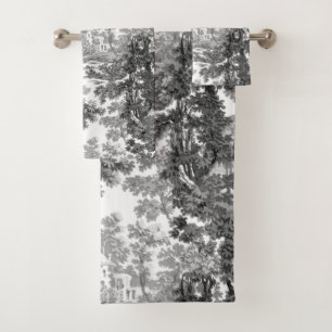 Vintage Cottage Landscape Toile-Black & White Bath Towel Set