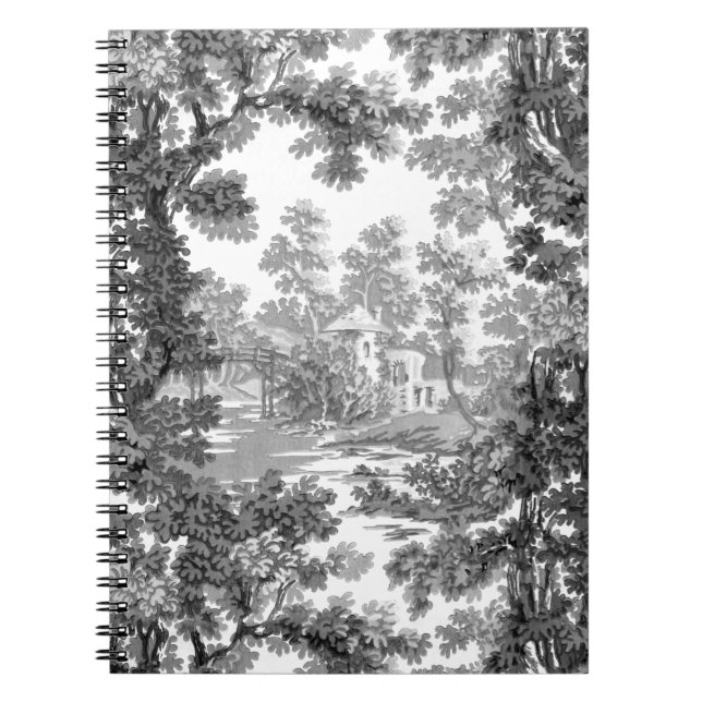 Vintage Cottage Landscape Toile-Black & White Notebook (Front)