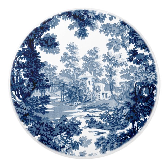 Vintage Cottage Landscape Toile-Blue & White Ceramic Knob (Front)