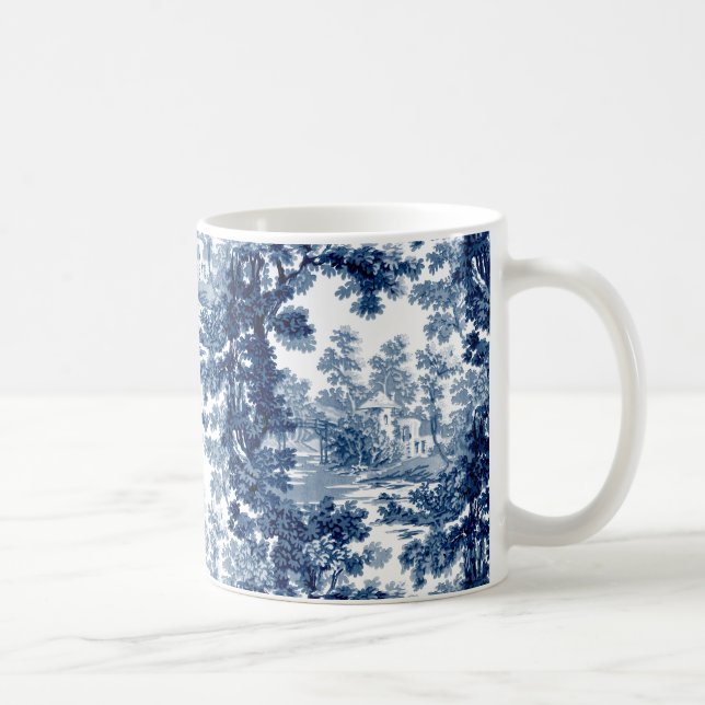 Vintage Cottage Landscape Toile-Blue & White Coffee Mug (Right)