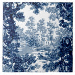 Vintage Cottage Landscape Toile-Blue & White Tile<br><div class="desc">Classic vintage landscape toile de jouy pattern featuring rustic cottage and bridge in a clearing framed by a grove of trees in shades of light and dark blue on white background. Pattern is seamless and can be scaled up or down.</div>