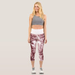 Vintage Cottage Landscape Toile-Pink & White Capri Leggings<br><div class="desc">Classic vintage landscape toile de jouy pattern featuring rustic cottage and bridge in a clearing framed by a grove of trees in shades of light and dark pink on white background. Pattern is seamless and can be scaled up or down. Waistband colour is customisable.</div>