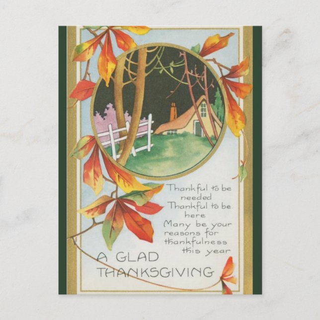 Vintage Cottage Leaves Fence Thanksgiving Postcard (Front)