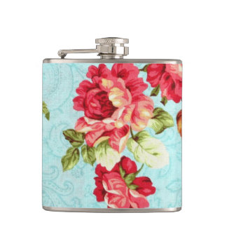 Vintage Cottage Red Rose Floral Flask