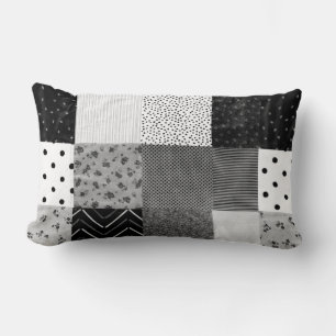 vintage cottagecore black and white patchwork lumbar cushion