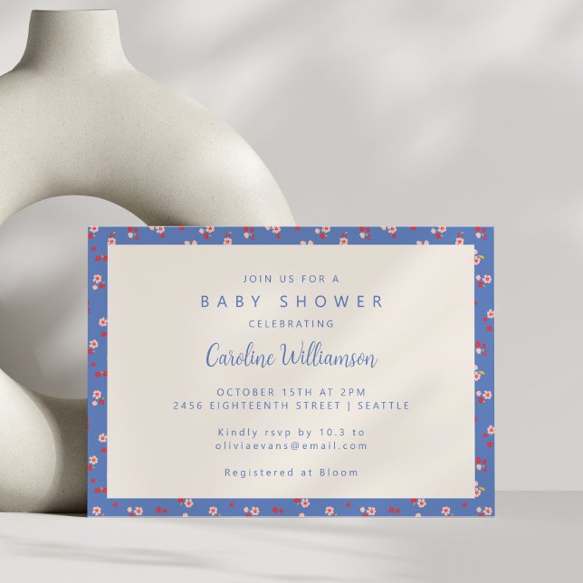 Vintage Cottagecore Blue Red Floral Baby Shower Invitation (Creator Uploaded)