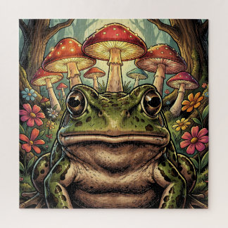 Vintage Cottagecore Frog and Mushrooms Jigsaw Puzzle