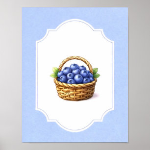 Vintage Cottagecore Leaf Blue Blueberry Basket Poster