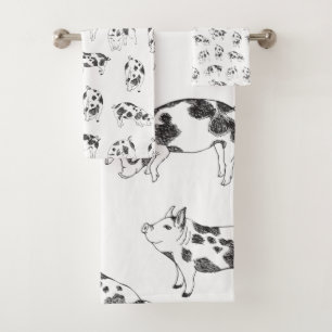 Vintage Cottagecore Pig LineArt Minimalist Pattern Bath Towel Set