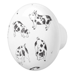 Vintage Cottagecore Pig LineArt Minimalist Pattern Ceramic Knob