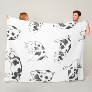Vintage Cottagecore Pig LineArt Minimalist Pattern Fleece Blanket