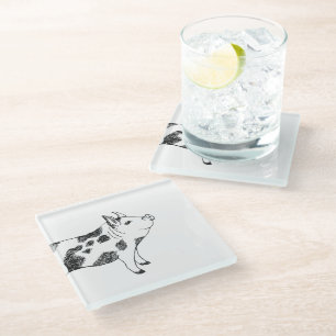Vintage Cottagecore Pig LineArt Minimalist Pattern Glass Coaster