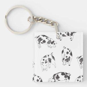 Vintage Cottagecore Pig LineArt Minimalist Pattern Key Ring