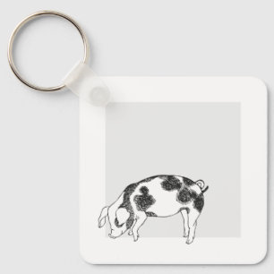Vintage Cottagecore Pig LineArt Minimalist Pattern Key Ring