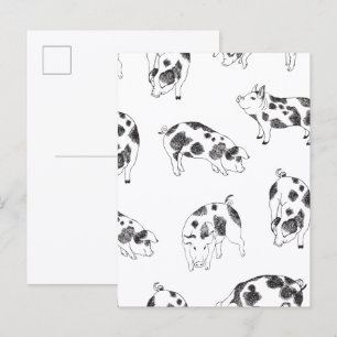 Vintage Cottagecore Pig LineArt Minimalist Pattern Postcard