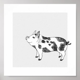 Vintage Cottagecore Pig LineArt Minimalist Pattern Poster