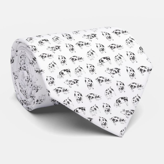 Vintage Cottagecore Pig LineArt Minimalist Pattern Tie (Rolled)