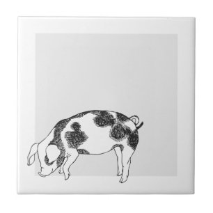 Vintage Cottagecore Pig LineArt Minimalist Pattern Tile