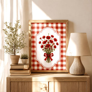 Vintage Cottagecore Red Ribbon Poppy Bouquet Poster
