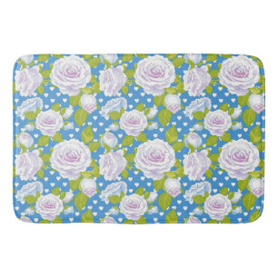 Vintage Cottagecore Rose Floral Blue Polka Dots Bath Mat