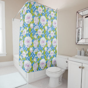 Vintage Cottagecore Rose Floral Blue Polka Dots Shower Curtain