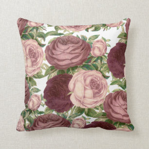 Vintage country chic burgundy pink roses flowers cushion