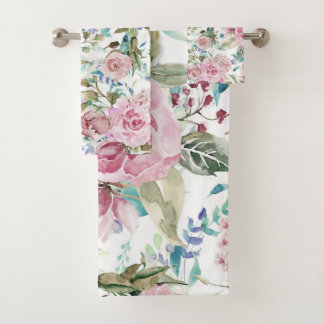 Vintage Country Chic Pink Teal Lavender Floral Bath Towel Set