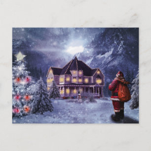 Vintage Country Christmas Cabin Holiday  Postcard