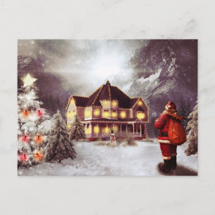 Vintage Country Christmas Cabin Holiday  Postcard