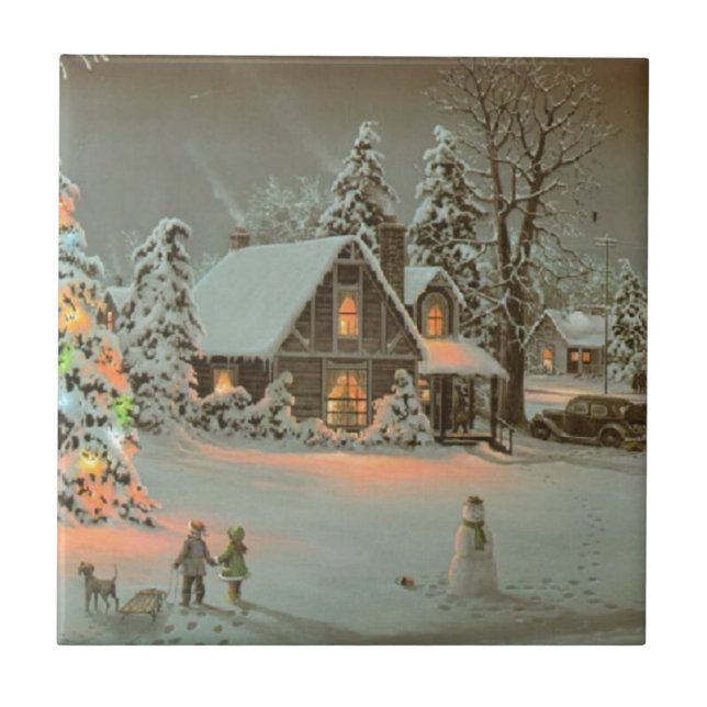 Vintage Country Christmas Scene Ceramic Tile (Front)