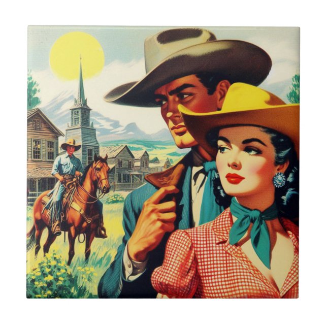 Vintage Country Couple Illustration Tile (Front)