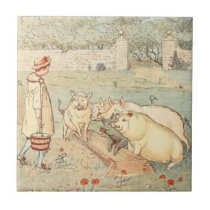 Vintage Country Farm Feeding Pigs Tile