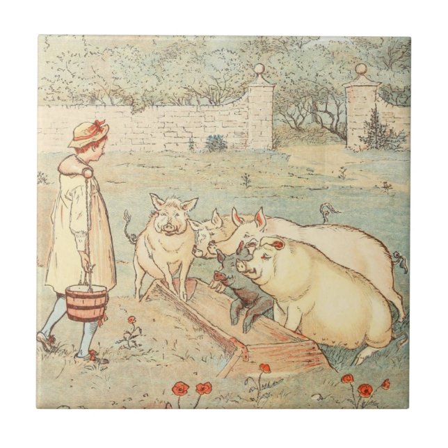 Vintage Country Farm Feeding Pigs Tile (Front)
