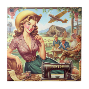 Vintage Country Girl Illustration Tile