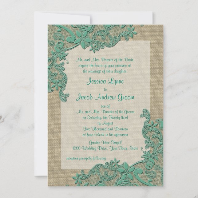Vintage Country Lace Design Teal Green Invitation (Front)