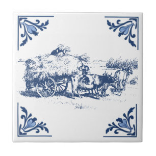 Vintage Country Loading Hay Delft Blue & White Tile